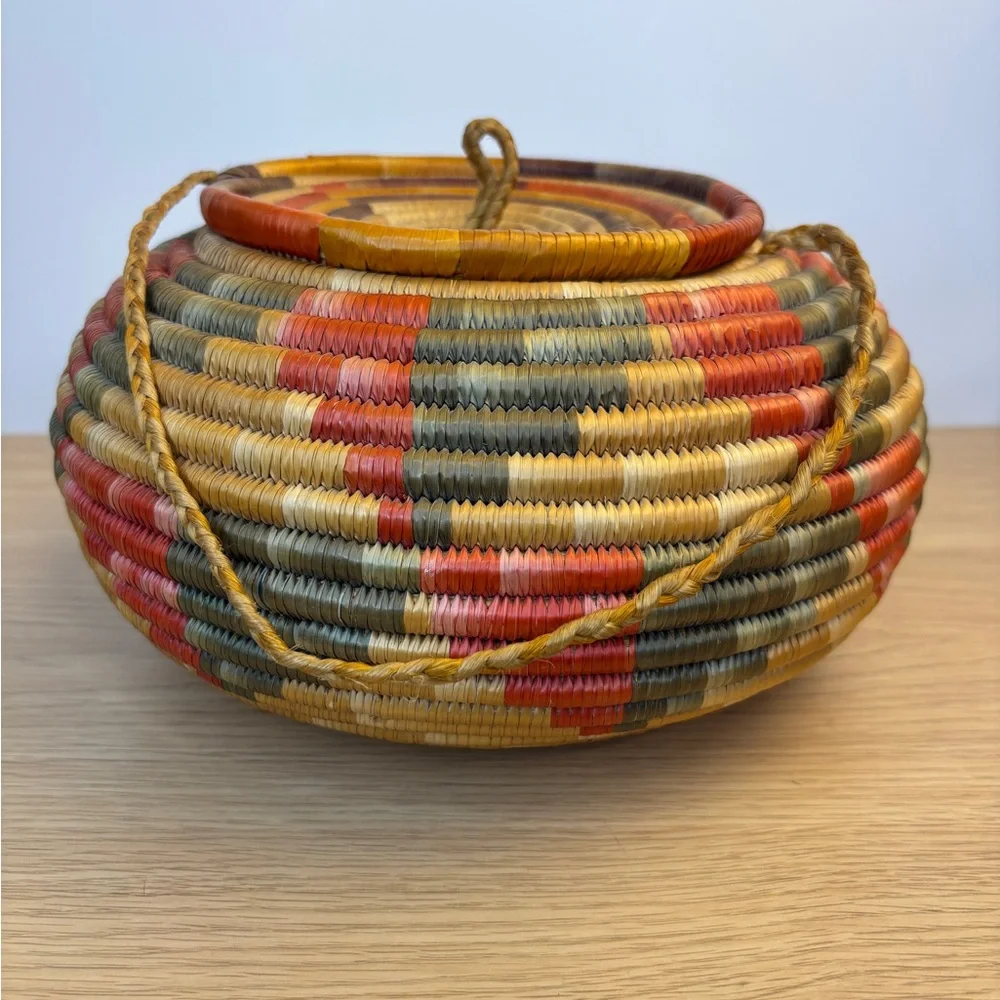 Vintage Handwoven‎ Coil Multicolor Basket with Lid